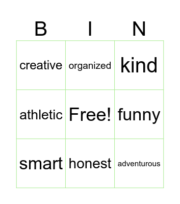 adjectives Bingo Card