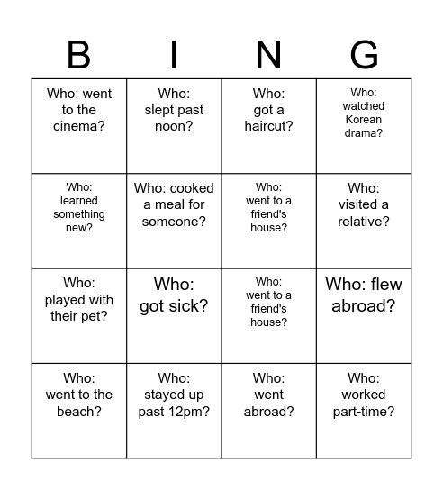 Back-to-School Bingo - What did you do over the holiday? Bingo Card