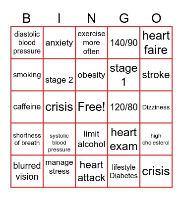 Hypertension Bingo Card