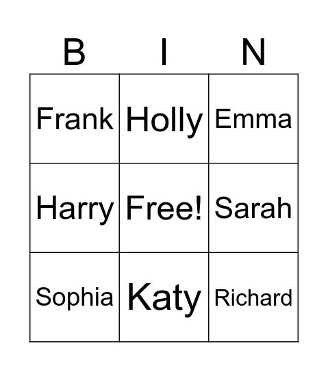 Spelling names Bingo Card