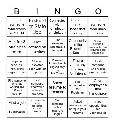 2024 Spring Internship Fair Bingo Card