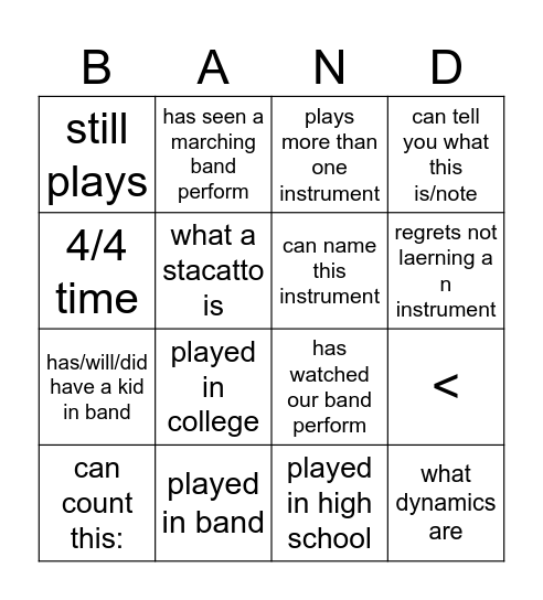 Band Blackout Bingo Card