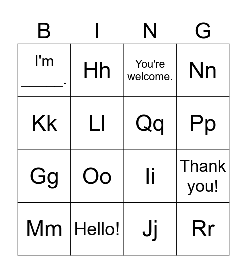 3rd Lesson 1.2 Bingo Card