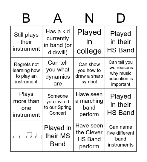 Band Blackout Bingo Card
