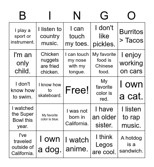 Untitled Bingo Card