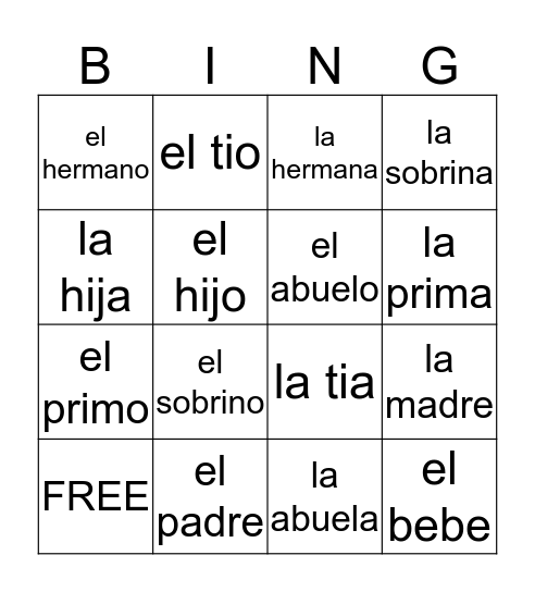 Familia Bingo Card