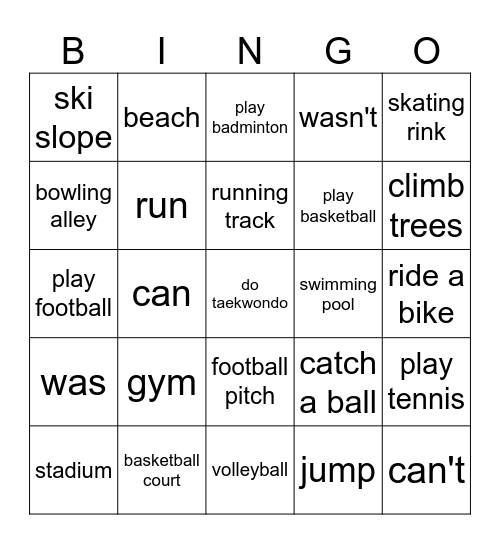 Bingo 3 klasa, Unit 6 Sports Bingo Card