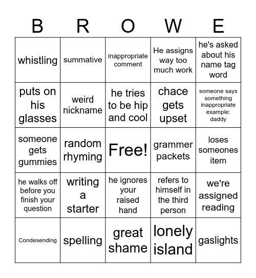 Mr Brow Bingo Card