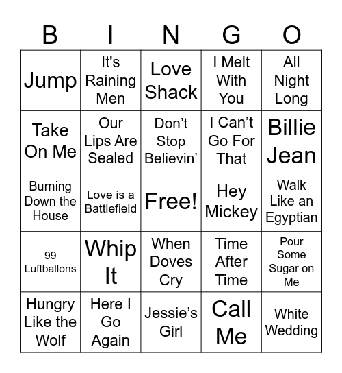 80s Music Bingo Card