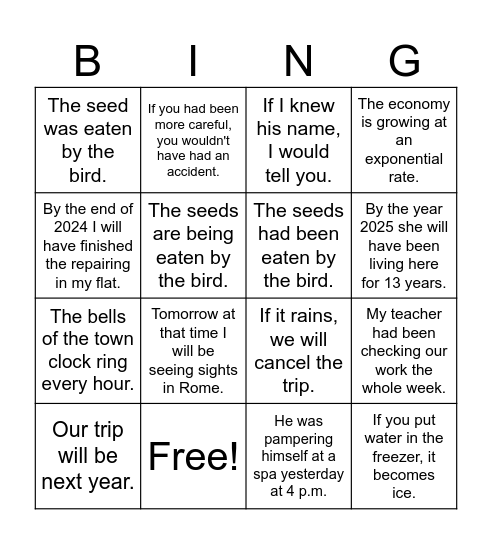 Grammar Bingo Card