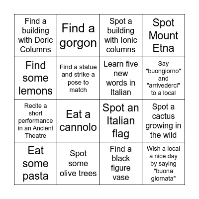 Sicily Trip Bingo Card