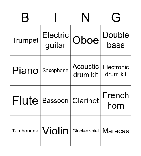 National 5 Music Tech: Instrument Recognition Bingo Card
