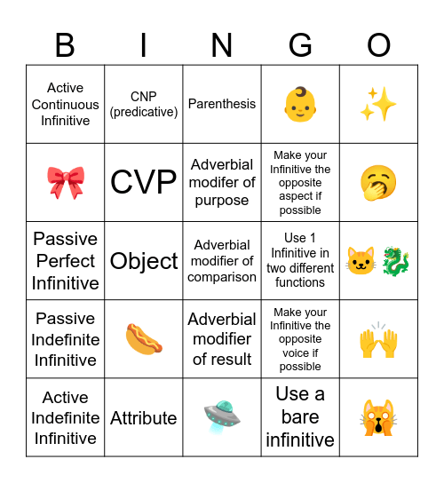 Infinitives bingo Card