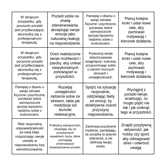 Co możesz zrobić po porażce dla siebie? Bingo Card