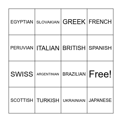 Nationalities Bingo Card