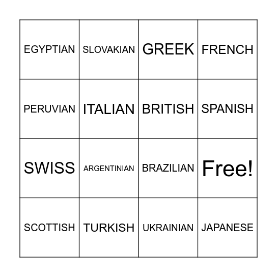 Nationalities Bingo Card