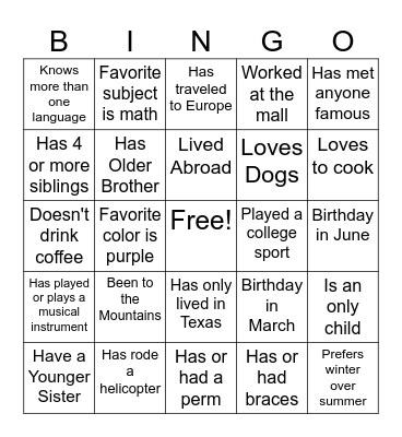 Ice-Breaker Scavenger Hunt Bingo Card