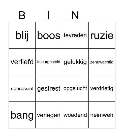 emoties Bingo Card