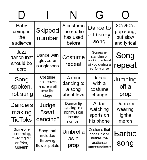 Ignite Dance Competition Bingo Card