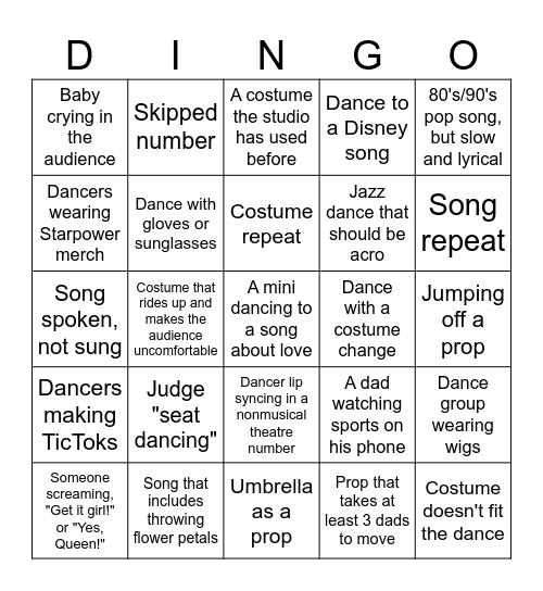 Starpower Dance Competition Bingo Card