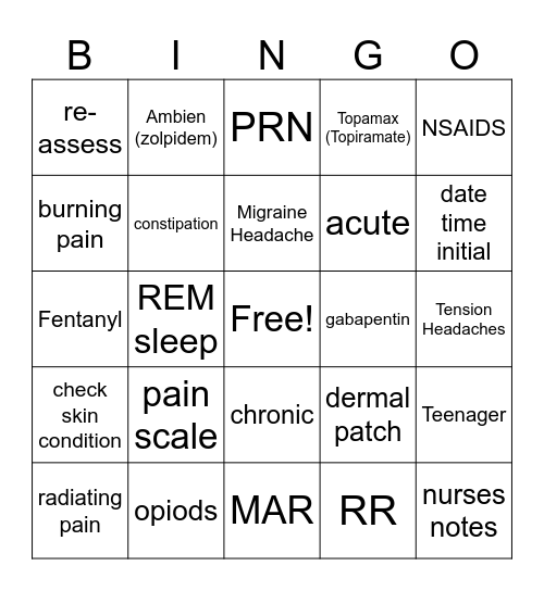 PAIN Bingo Card
