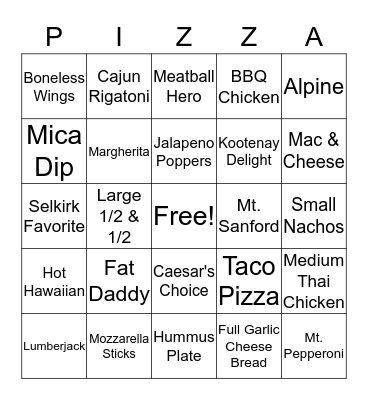 Selkirk Pizza (Bingo) Bingo Card