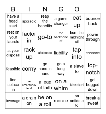 Vocabulary Review Bingo Card