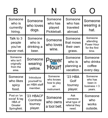 HBA Power Hour Bingo Card