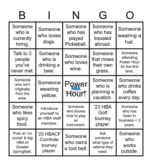 HBA Power Hour Bingo Card