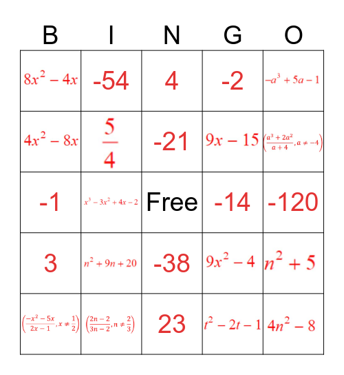 Chapter 6.1 Review - Operations of Functions Bingo Card