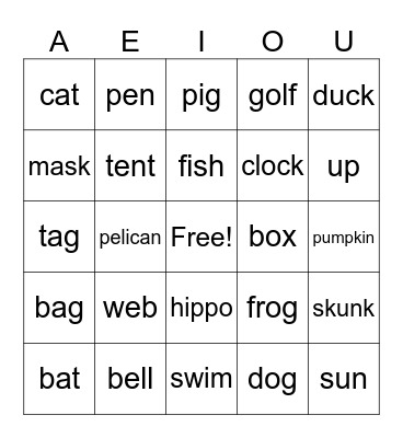Short Vowel Bingo Card