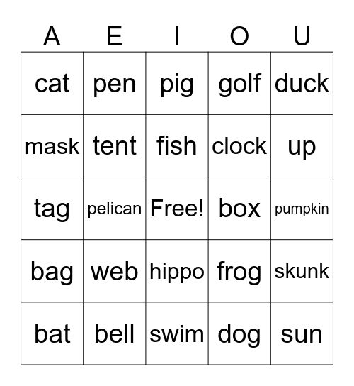 Short Vowel Bingo Card