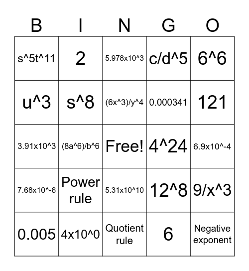 Exponent & SN Bingo Card