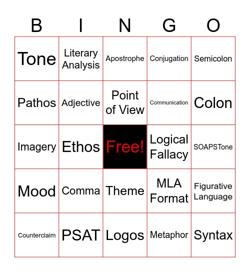 English 10 Bingo Card