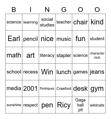 Crawford Sunshine Bingo Card