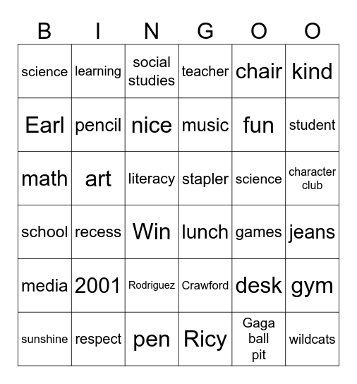 Crawford Sunshine Bingo Card