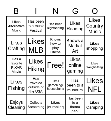 Leisure Interest Bingo Card