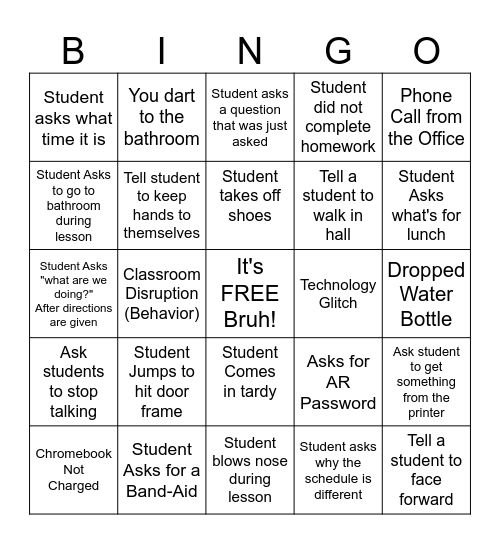 Teacher Bingo Card