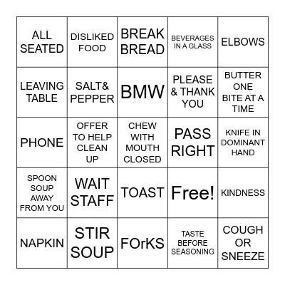 TABLE ETIQUETTE Bingo Card