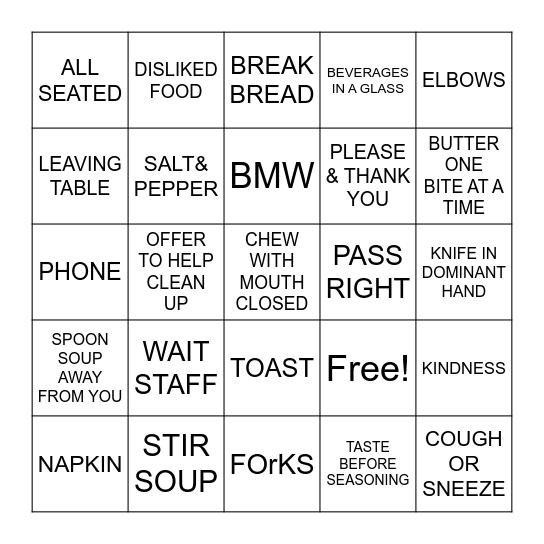 TABLE ETIQUETTE Bingo Card