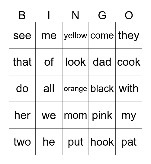 Sight Word Bingo Card