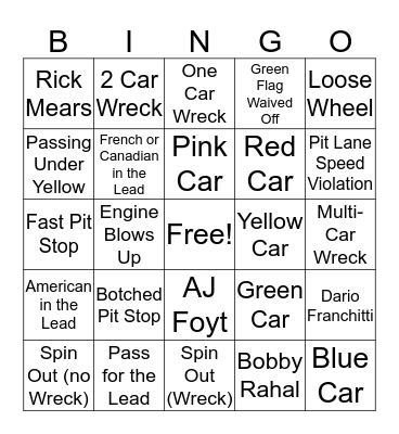 Indy 500 Bingo Card