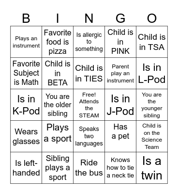 STEAM Academy Family Night BINGO Card