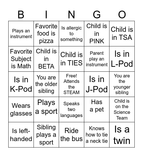 STEAM Academy Family Night BINGO Card