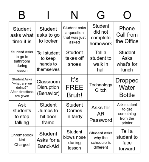 Teacher Bingo Card