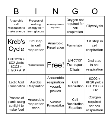 Cellular Respiration Bingo Card