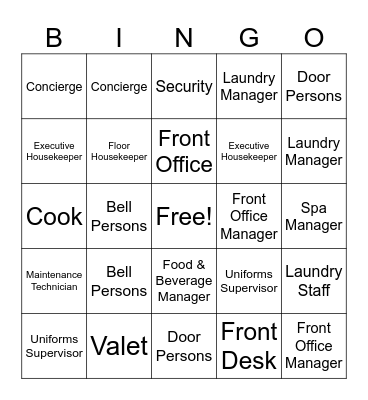 Hotel Departments/Careers Bingo Card