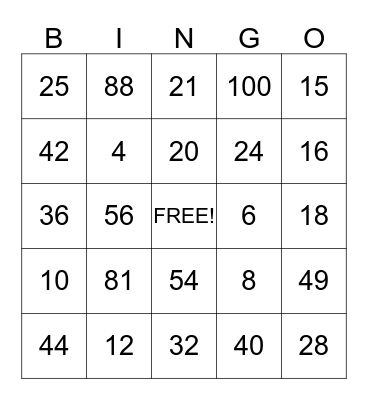 Multiplication Bingo Card