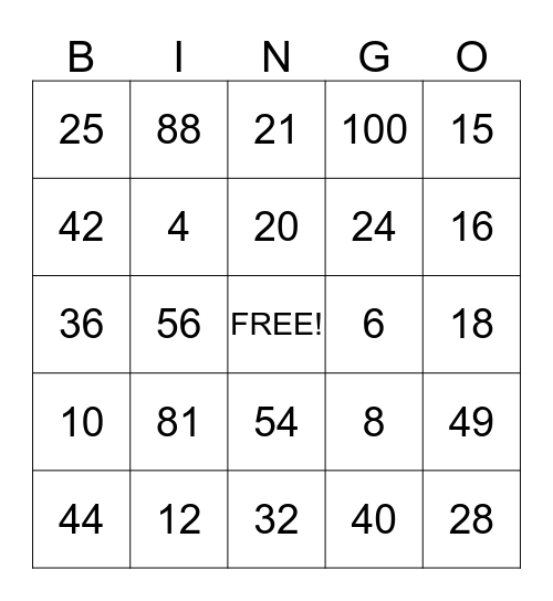 Multiplication Bingo Card