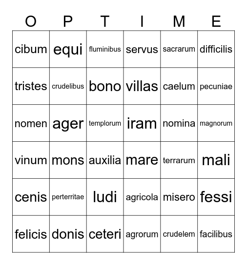 Latin Declensons Bingo Card